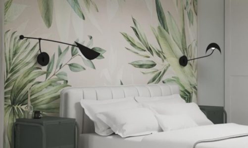 Дизайн спальни с обоями с листьями